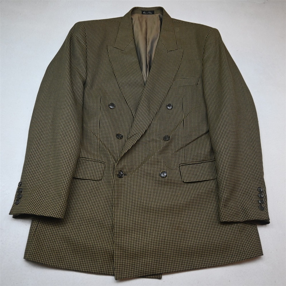 Vtg Double Breasted 44L Black Gold Houndstooth Wool Blazer Jacket Sport Coat